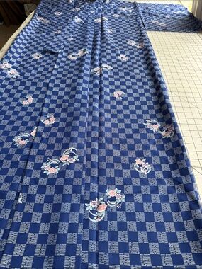 Vintage Blue Ichimatsu Check Kimono Floral Polyester Japanese Robe Unworn